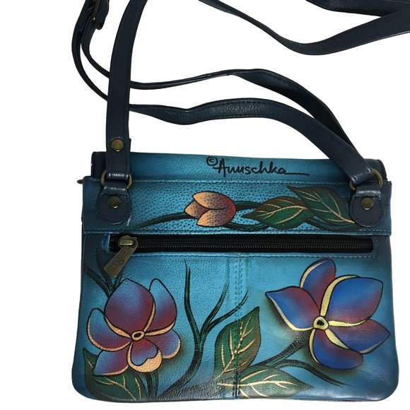 Anuschka NEVER USED Handpaint Leather Small Cross Body Bag Bird Blue - Picture 3 of 16